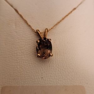 NEW SOLID 10K YG GENUINE OVAL-SHAPE SMOKY TOPAZ AND DIAMOND NECKLACE